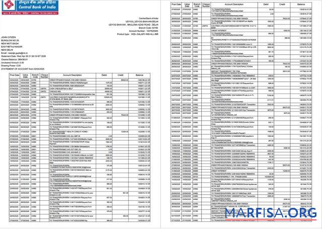 Printable India Central Bank of India statement of account word 2 pages example